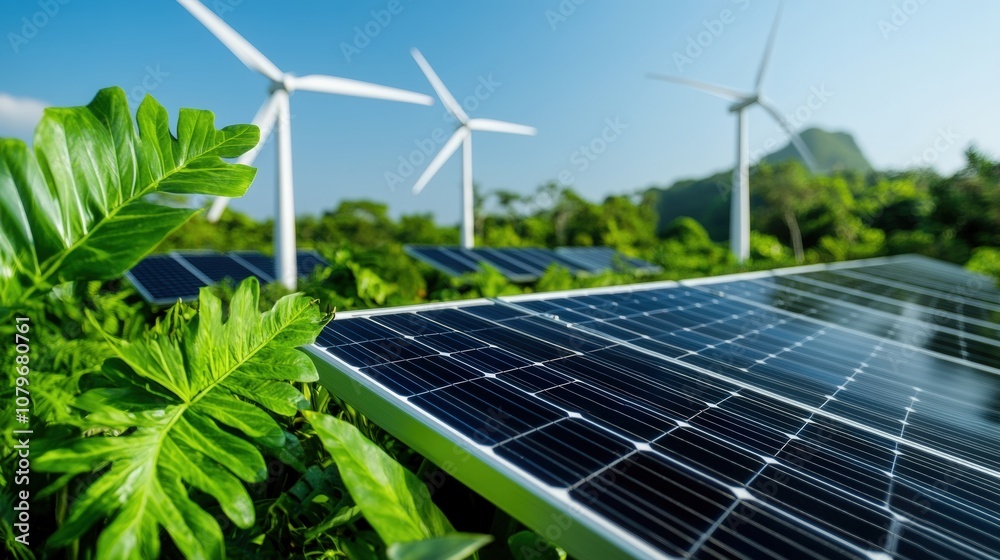 Fototapeta premium Lush Green Landscape with Wind Turbines and Solar Panels