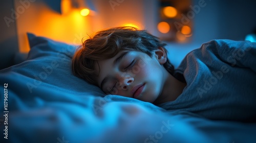 A young boy peacefully sleeps at night, with a faint warm light seeping through the door crack, while the rest of the room is shrouded in shadows, creating a quiet and mysterious atmosphere.