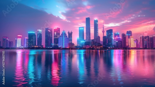 A vibrant cityscape with towering skyscrapers reflected in a still body of water under a colorful sky.