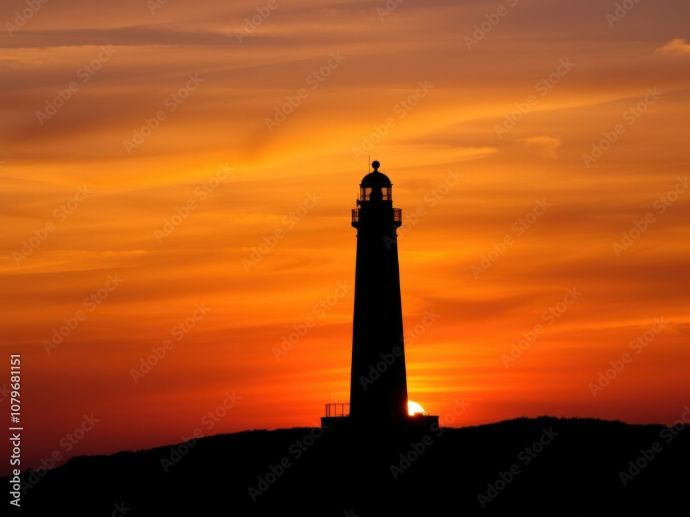 A stunning lighthouse silhouette against a vibrant orange and purple sunset sky, casting a dramatic and picturesque scene, purple, beacon A stunning lighthouse silhouette against a vibrant orange and purple sunset sky, casting a dramatic and picturesque scene, purple, beacon