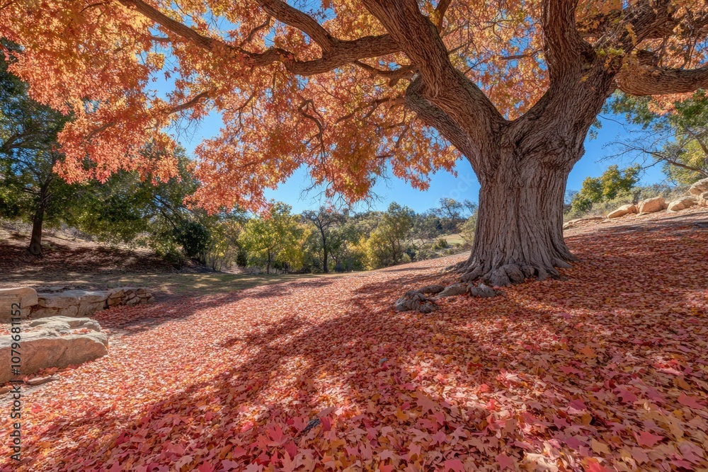 Naklejka premium A vibrant autumn scene with a large tree and a carpet of colorful fallen leaves.