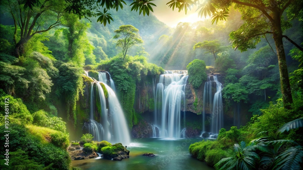 A cascading waterfall nestled amidst a lush green tropical forest, bathed in the golden rays of sunlight filtering through the dense foliage. A cascading waterfall nestled amidst a lush green tropical forest, bathed in the golden rays of sunlight filtering through the dense foliage.