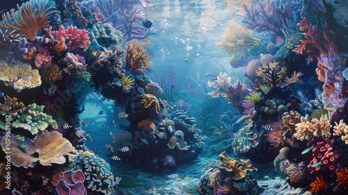 A vibrant coral reef teeming with diverse marine life, showcasing a rich ecosystem of colorful corals, fish, and sea creatures, thriving in its natural, untouched beauty.