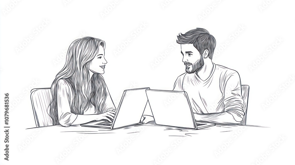 Two people engaged in a collaborative work session with laptops at a table.