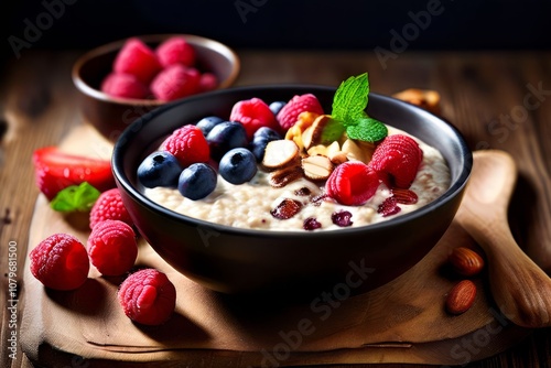 bowl of oatmeal with berries and nuts breakfast fiber photo