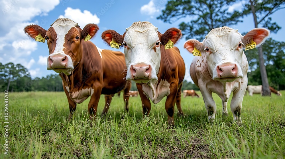 Herd of Brown and White Cows Grazing Peacefully in a Lush Green Meadow with Trees and Cloudy Sky in the Countryside Landscape Organic Sustainable Farming Concept Herd of Brown and White Cows Grazing Peacefully in a Lush Green Meadow with Trees and Cloudy Sky in the Countryside Landscape Organic Sustainable Farming Concept