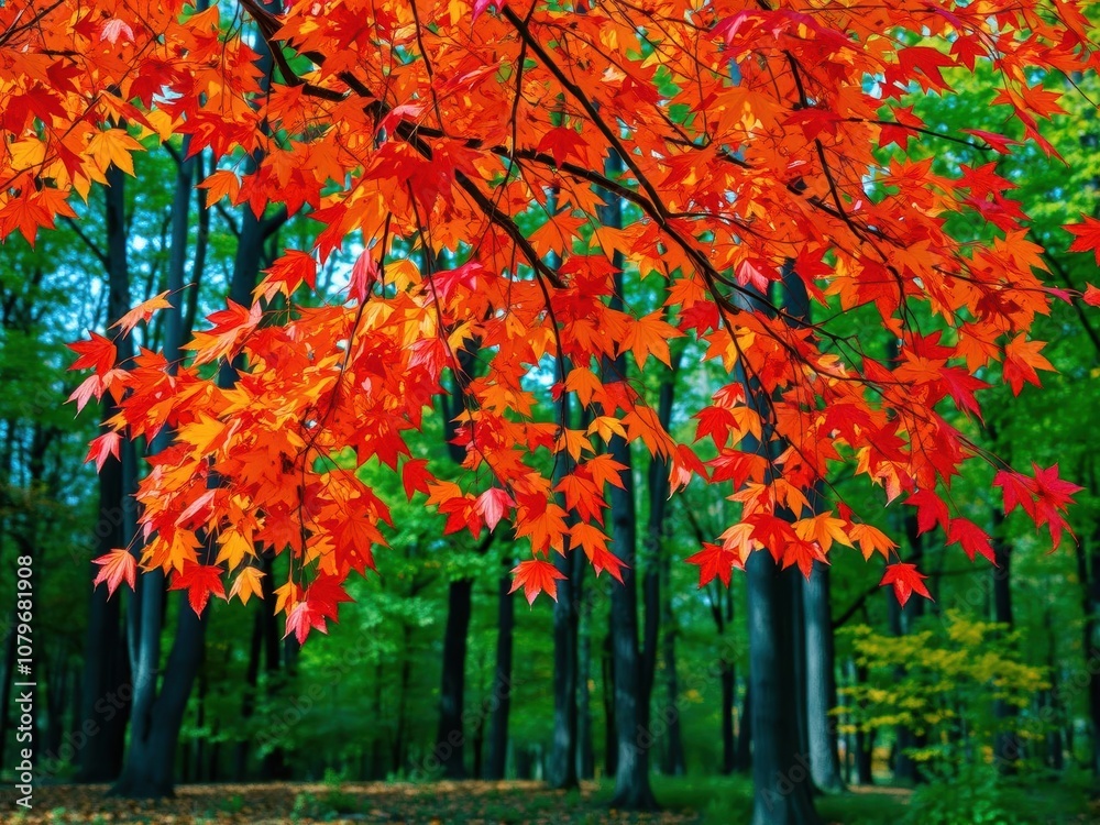 Naklejka premium Vibrant autumn leaves falling from a tree in a serene forest setting, golden, nature