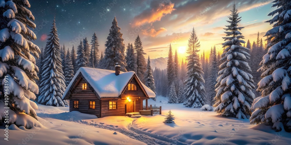 Fototapeta premium Serene Winter Cabin Retreat - Cozy Snowy Scene with Vintage Aesthetic, Warm Light, and Tranquil Nature Setting, Perfect for Holiday Themes and Winter Wonderland Imagery