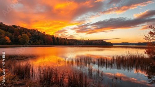 A serene sunrise over a tranquil lake with vibrant autumn foliage reflected on the water's surface, sunrise, lake