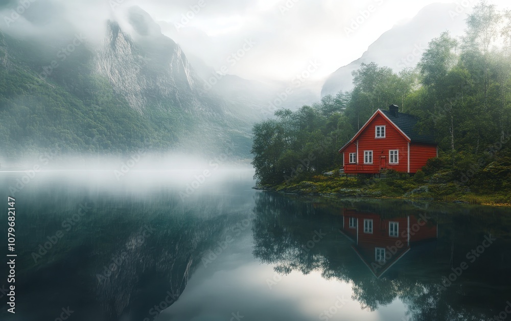 A picturesque red house by a tranquil Norwegian lake, with mist hovering over the water on a calm morning. A picturesque red house by a tranquil Norwegian lake, with mist hovering over the water on a calm morning.