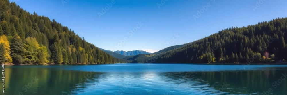 A serene lake surrounded by lush green forests, with a clear blue sky reflecting on the calm water surface, peaceful, natural beauty A serene lake surrounded by lush green forests, with a clear blue sky reflecting on the calm water surface, peaceful, natural beauty