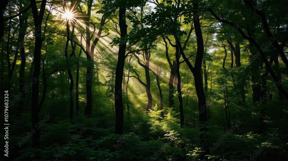 Naklejka premium Lush green forest with sunlight streaming through dense trees conveying vulnerability and fragility of nature, fragile, conservation