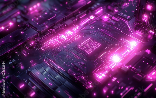 3D rendering of a futuristic computer motherboard, intricate circuit patterns symbolizing digital communication, glowing elements representing modern technology and innovation