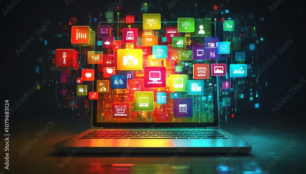 A laptop displaying numerous colorful digital icons and apps hovering in midair, symbolizing online connectivity and the world of modern technology, dynamic and futuristic design A laptop displaying numerous colorful digital icons and apps hovering in midair, symbolizing online connectivity and the world of modern technology, dynamic and futuristic design