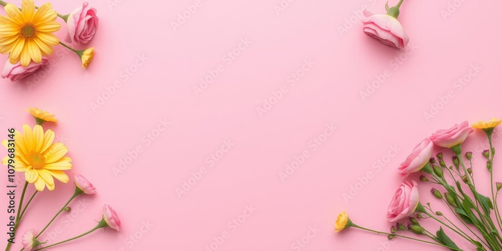 Fototapeta premium Top view flatlay arrangement of pink and yellow romantic flowers with space for text on a pink background, perfect for birthday, women's day, and mother's day concepts, top view, pink background