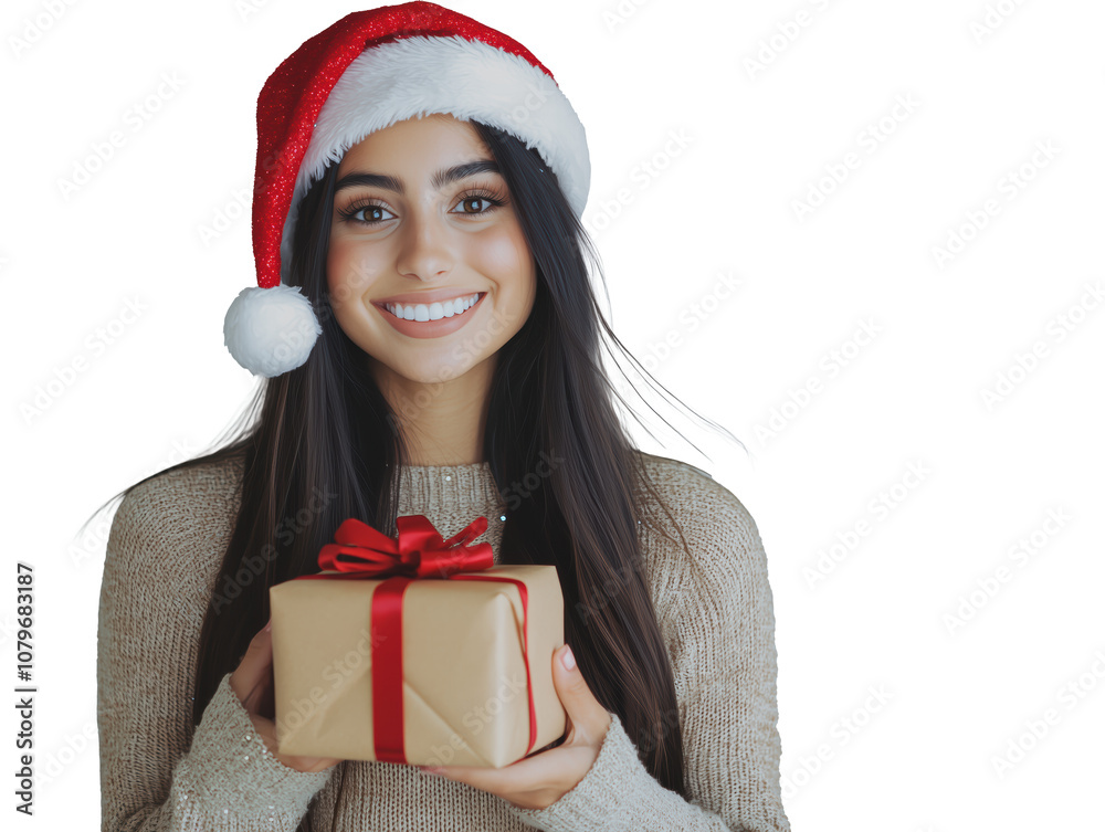 Smiling woman wearing a Santa hat holding a gift. Smiling woman wearing a Santa hat holding a gift.