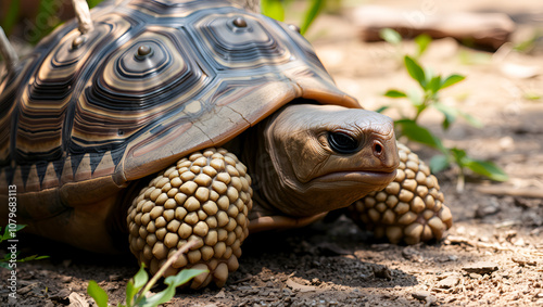 African Sulcata Tortoise Natural Habitat,Close up African spurred tortoise resting in the garden, Slow life ,Africa spurred tortoise sunbathe on ground with his protective shell ,Beautiful Tortoise photo