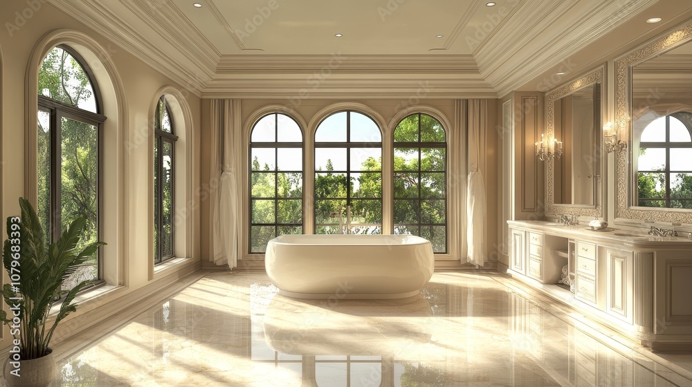 The modern luxurious large bathroom is located in a high-end white mansion, showcasing simple and elegant design elements, large bathtubs, and exquisite facilities, conveying luxury and comfort. The modern luxurious large bathroom is located in a high-end white mansion, showcasing simple and elegant design elements, large bathtubs, and exquisite facilities, conveying luxury and comfort.