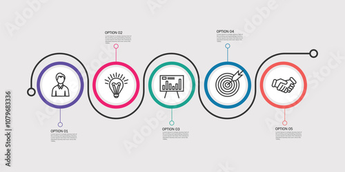 Timeline infographic template of 5 circles. Can be used for web design, diagram, step options, chart, graph, business presentation