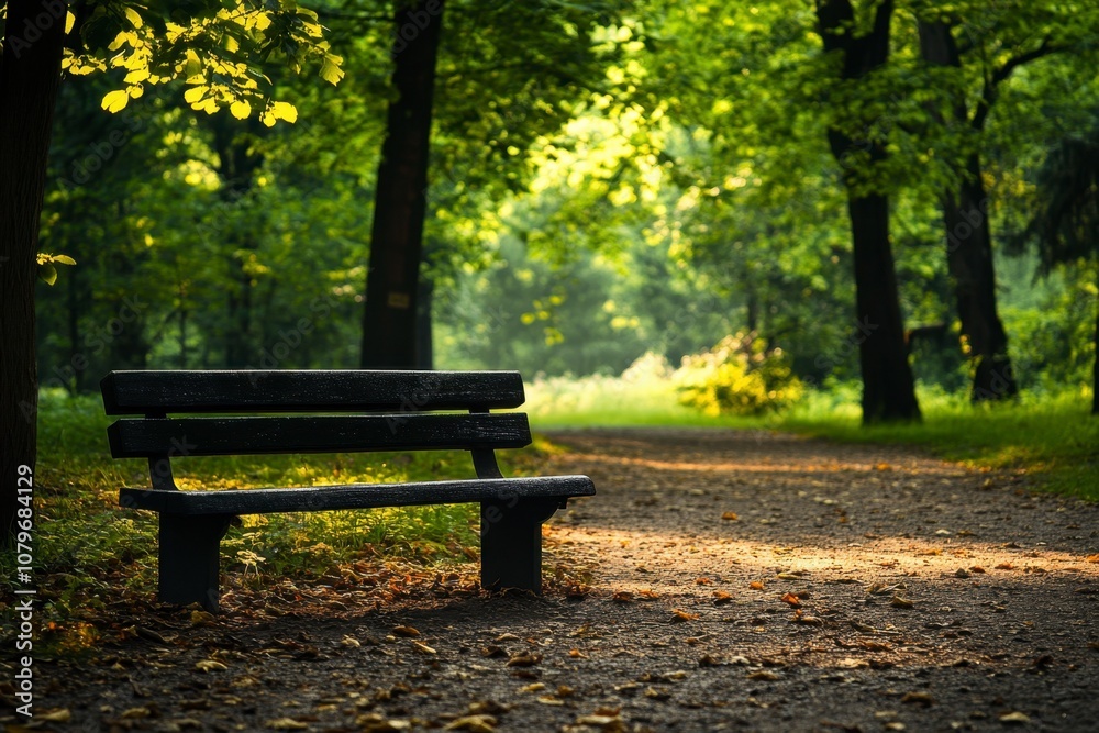 Lonely Bench In Tranquil Forest Path Lonely Bench In Tranquil Forest Path