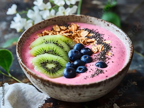 Healthy acai bowl with kiwi blueberry and chia seed photo