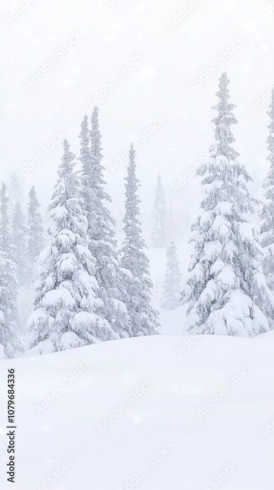 Naklejka premium A serene winter landscape with snow-covered trees in a foggy atmosphere.