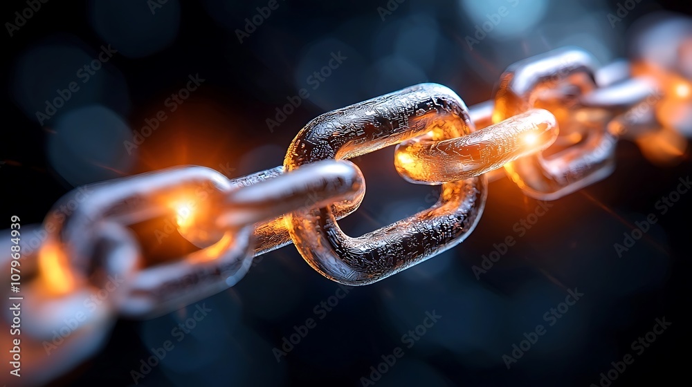 Closeup of a network of interlocking metal chains with a fiery glowing energy and intense texture symbolizing strength unity and connectivity Closeup of a network of interlocking metal chains with a fiery glowing energy and intense texture symbolizing strength unity and connectivity