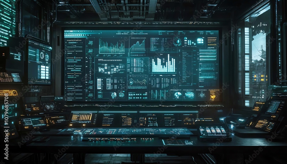 Realtime analytics and performance charts displayed on a hightech control interface, part of a futuristic industrial setting, emphasizing datadriven decisionmaking Realtime analytics and performance charts displayed on a hightech control interface, part of a futuristic industrial setting, emphasizing datadriven decisionmaking