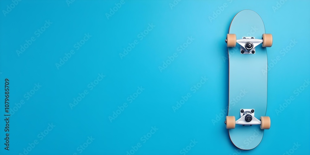 An isolated skateboard icon positioned to the right, showcased against a wide blue backdrop with room for text --ar 2:1 --s 50 An isolated skateboard icon positioned to the right, showcased against a wide blue backdrop with room for text --ar 2:1 --s 50