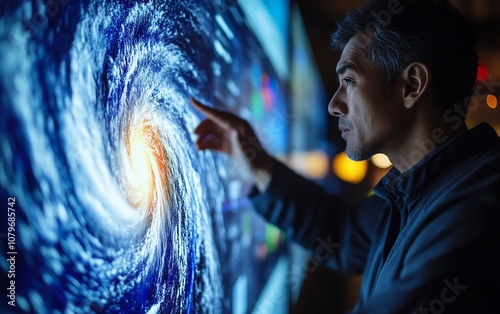 Storm analysis by a meteorologist on a large display, showing wind patterns, storm intensity, and impact predictions with hightech digital weather charts photo