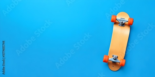 A skateboard icon in isolation on the right side, set against a panoramic blue background with generous copy space --ar 2:1 --s 50 photo