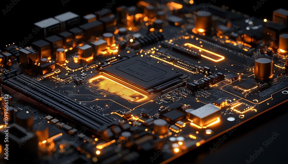 3D rendered futuristic motherboard with illuminated circuits, interconnected digital pathways, representing modern technology, communication, and innovation 3D rendered futuristic motherboard with illuminated circuits, interconnected digital pathways, representing modern technology, communication, and innovation