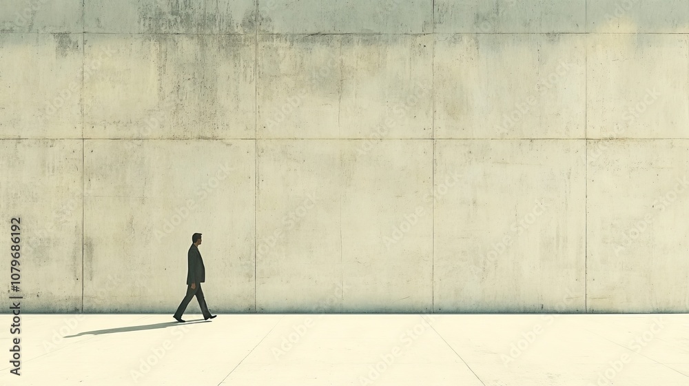 The silhouette of a man walking towards the concrete wall captures the essence of loneliness and simplicity, with simple lines and neutral tones highlighting the minimalist atmosphere. The silhouette of a man walking towards the concrete wall captures the essence of loneliness and simplicity, with simple lines and neutral tones highlighting the minimalist atmosphere.