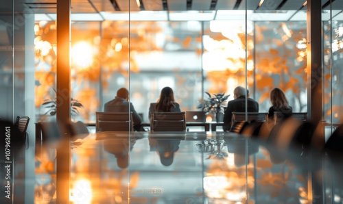 Modern office blurred meeting room with team working on laptops professional atmosphere in corporate workspace