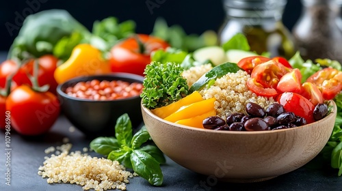 A colorful nutritious vegetarian salad bowl filled with a variety of fresh vegetables legumes whole grains and a flavorful dressing showcasing a healthy and balanced plant based meal