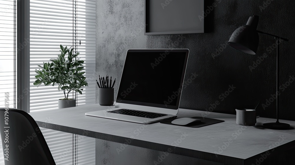 Fototapeta premium Minimalist Home Office Workspace with Laptop, Desk Lamp, and Potted Plant in Modern Interior Design Setting
