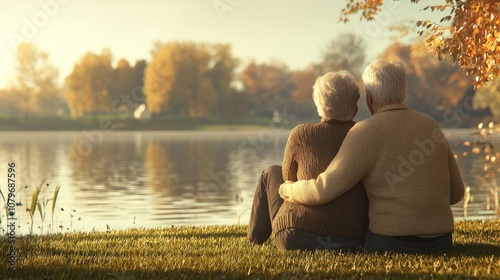 A hyper-realistic photograph of an elderly couple sitting together on the grass by a calm lake, watching the sunset. The couple is seen