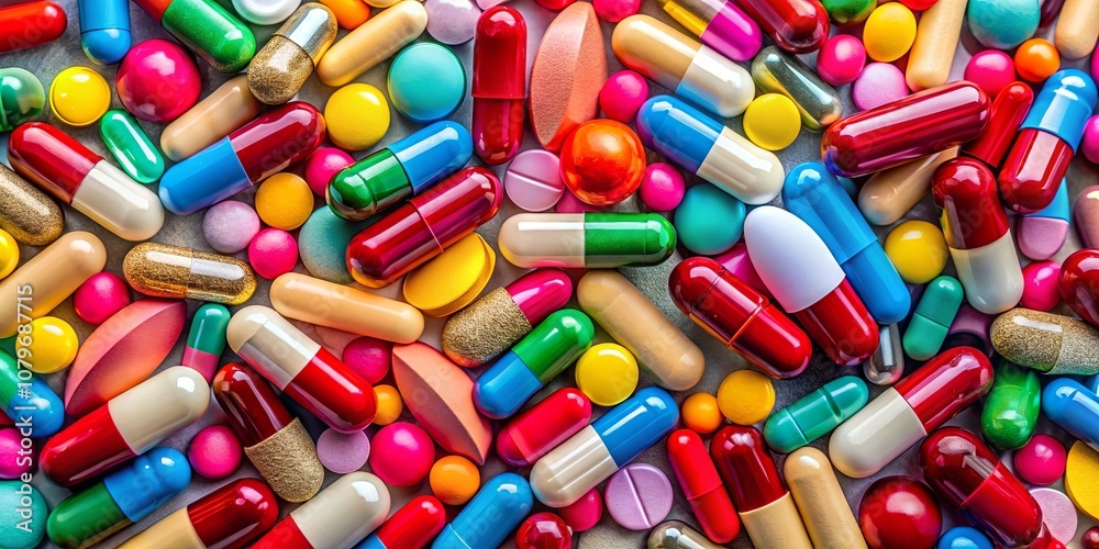 A Diverse Array of Colorful Pills and Capsules, Representing a Spectrum of Medical Treatments and Pharmaceutical Innovations A Diverse Array of Colorful Pills and Capsules, Representing a Spectrum of Medical Treatments and Pharmaceutical Innovations