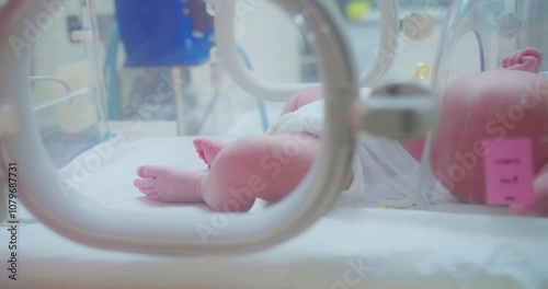 Closeup lovely little newborn baby infant lying in incubators for newborns, Newborn baby having the the breathing problem after birth, newborn in NICU, Neonatal intensive care unit