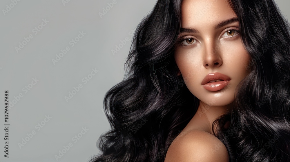 Fototapeta premium Model Girl with long wavy and shiny brown hair, AI generated image
