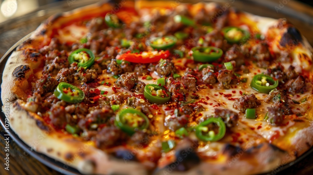 A hot, cheesy pizza topped with savory meat and slices of fresh green chili. The crispy crust complements the bold flavors, delivering a perfect balance of spice, zest, and indulgence. A hot, cheesy pizza topped with savory meat and slices of fresh green chili. The crispy crust complements the bold flavors, delivering a perfect balance of spice, zest, and indulgence.