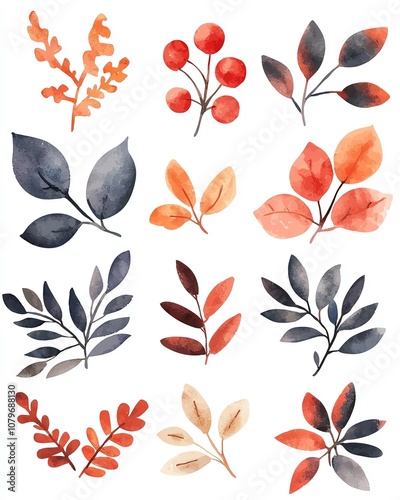 A collection of beautiful watercolor leaves and branches in autumn colors on a white background.