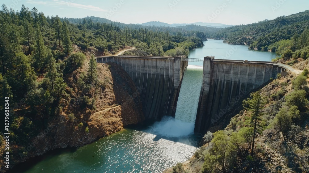 A large concrete dam holding back a reservoir, with water spilling over the spillway A large concrete dam holding back a reservoir, with water spilling over the spillway