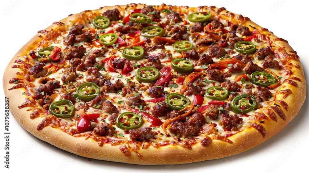 A hot, cheesy pizza topped with savory meat and slices of fresh green chili. The crispy crust complements the bold flavors, delivering a perfect balance of spice, zest, and indulgence.