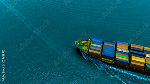 Aerial view of the freight shipping transport system cargo ship container. international transportation Export-import business, logistics, transportation industry concepts