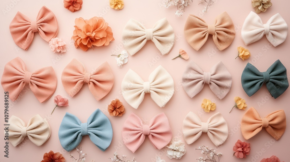 Colorful Fabric Bows on Pink Background Colorful Fabric Bows on Pink Background