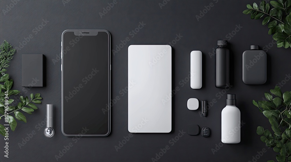 Modern Smartphone and Accessories on Dark Background with Greenery for Tech and Lifestyle Concepts Modern Smartphone and Accessories on Dark Background with Greenery for Tech and Lifestyle Concepts