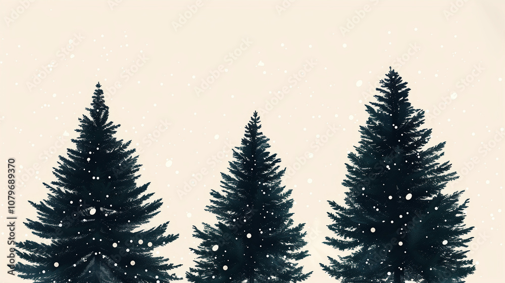 Obraz premium Abstract green pine tree silhouettes with falling snowflakes on beige background