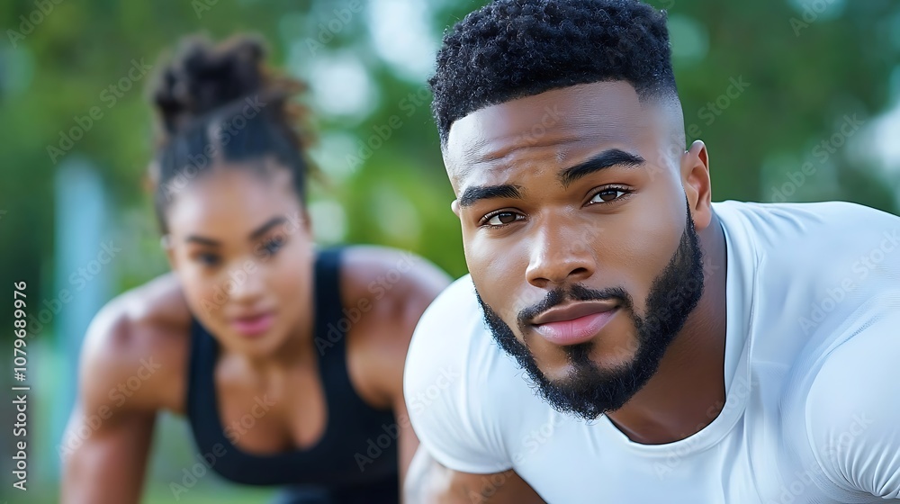 Fit Couple Exercising in Urban Park Enjoying Healthy Lifestyle and Outdoor Fitness Training Together Fit Couple Exercising in Urban Park Enjoying Healthy Lifestyle and Outdoor Fitness Training Together