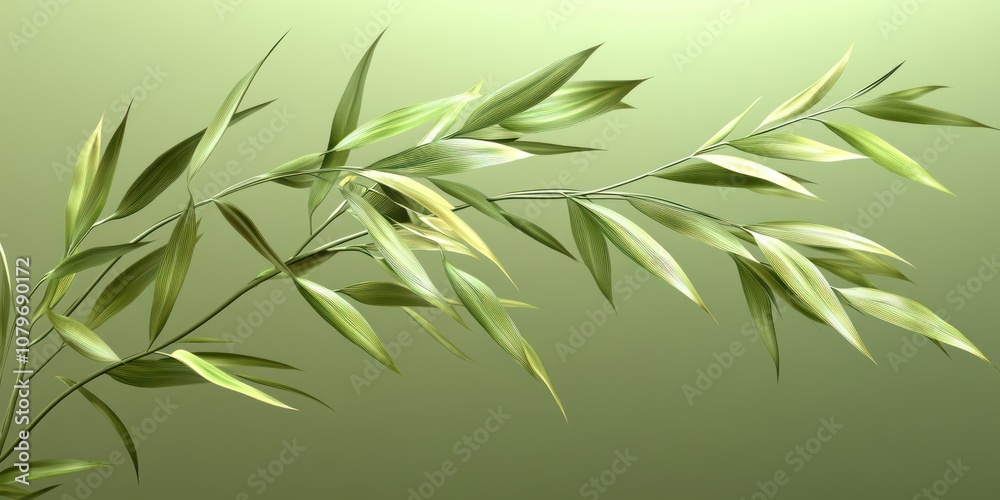 A delicate green branch with elongated leaves against a soft gradient background. A delicate green branch with elongated leaves against a soft gradient background.